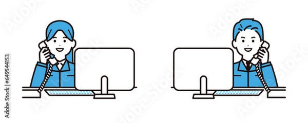 Obraz デスクワークで電話をする作業着を着た若い男女のビジネスパーソン