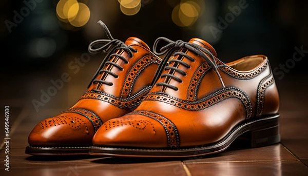 Fototapeta A pair of shiny leather shoes, modern and elegant generated by AI