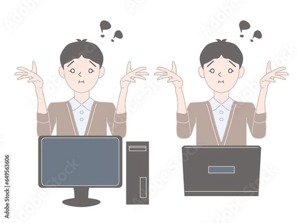 Obraz 困る　ビジネスカジュアルの服装をした男性　デスクトップパソコン　ノートパソコン　エラー