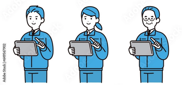 Obraz 作業着を着てタブレットを操作する男性と女性