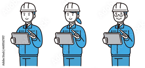 Obraz ヘルメットと作業着を着てタブレットを操作する男性と女性