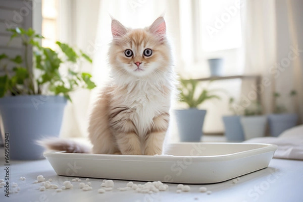 Obraz The cat goes to the toilet in a tray with filler.