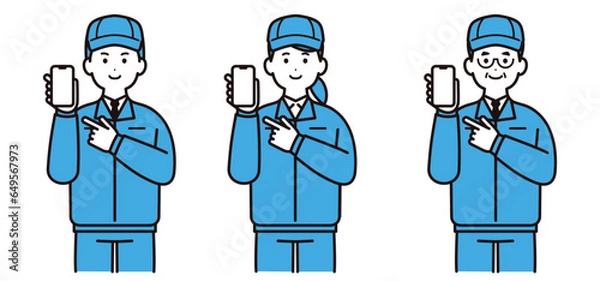 Obraz 帽子と作業着を着てスマホを持つ男性と女性