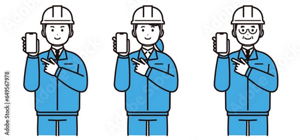 Obraz ヘルメットと作業着を着てスマホを持つ男性と女性