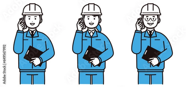 Obraz ヘルメットと作業着を着てスマホで通話をする男性と女性