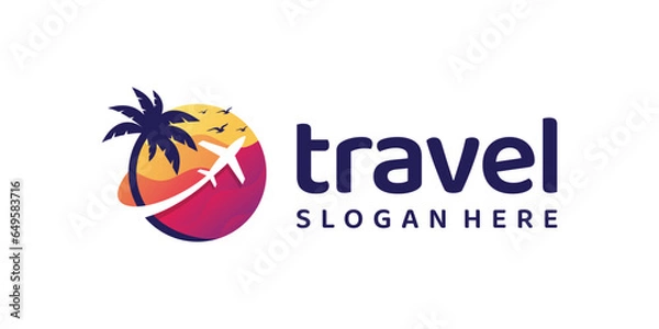 Fototapeta Travel agency logo design template. airplane and globe with palm tree colorful design graphic vector illustration. Symbol, icon, creative.