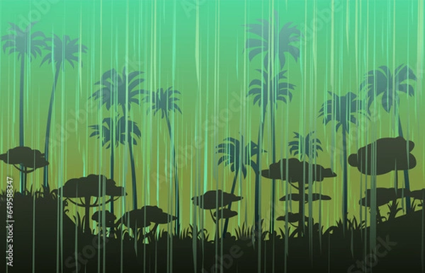 Fototapeta Summer rain in tropic jungle palm rainforest and dusk. Landscape with rain weather. Jets of water pour from the sky. Cartoon fun style. Flat design. Vector.