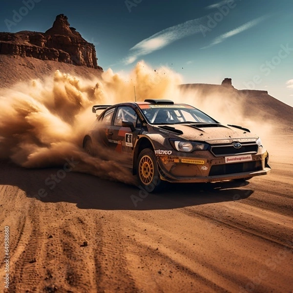 Fototapeta Rally Car na Dusty Desert Road, AI Generative