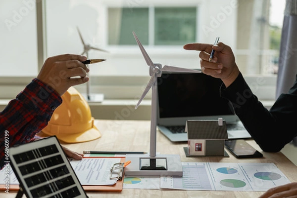 Fototapeta Two Caucasian engineers and architects work together in office with wind turbine and solar panels on table, renewable energy installation concept