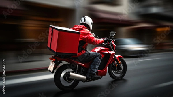 Fototapeta Delivery man on a scooter speeding through the city