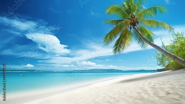 Fototapeta  a palm tree on a beach with clear blue water in the background.  generative ai