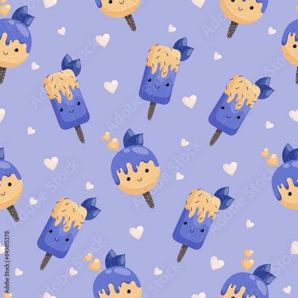 Obraz Cute ice cream character seamless pattern. Use for fabric, gift wrap, packaging. Vector illustration in flat cartoon style.