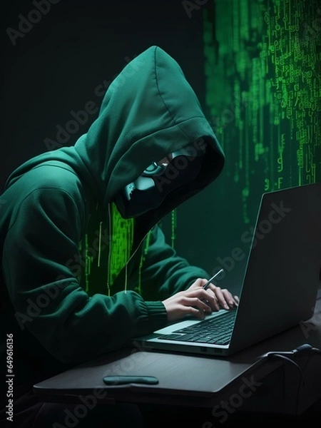 Obraz hacker working behind laptop with dark and green vibe