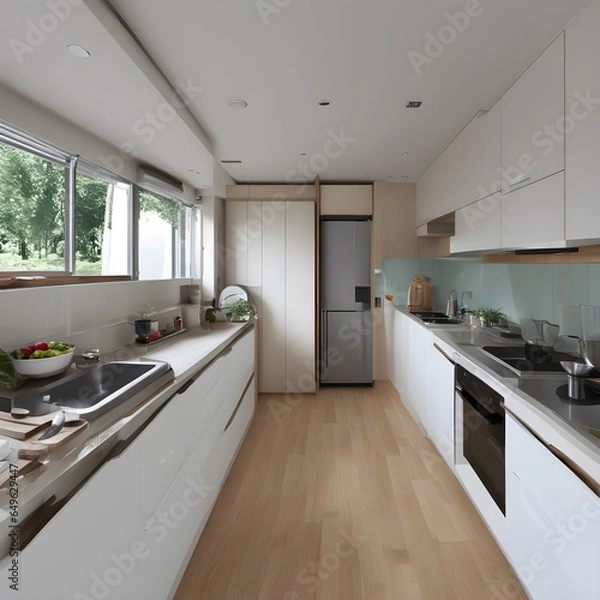 Obraz Stylish kitchen interior with morning light in large window. Cozy scandi style kitchen background. 