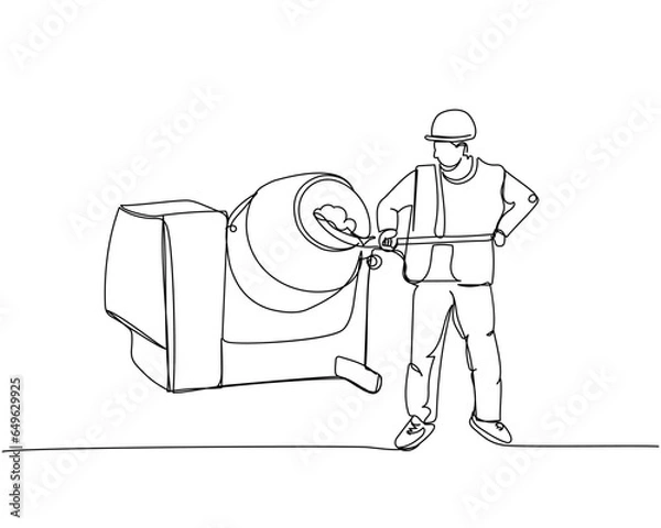 Obraz Builder in work uniform and hard hat picking up concrete from a concrete mixer one line art. Continuous line drawing of repair, hand, people, concept, support, maintenance.