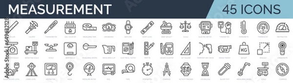 Fototapeta Set of 45 outline icons related to measurement equipment and tools. Linear icon collection. Editable stroke. Vector illustration