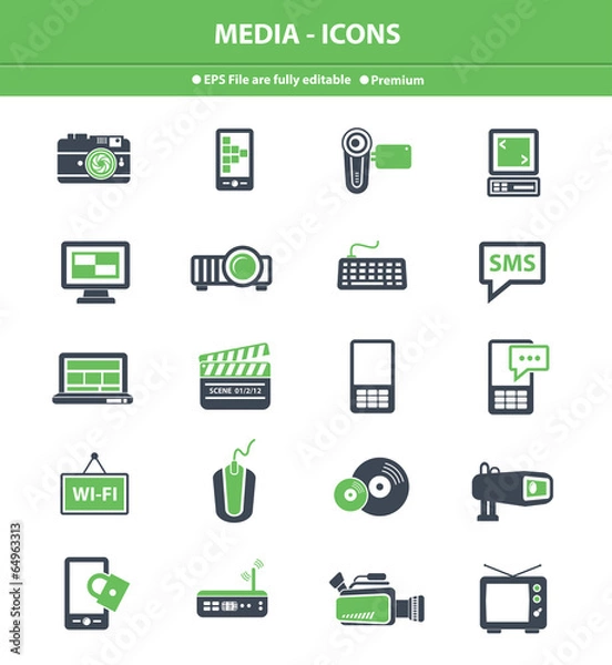 Obraz Media icons on white background,Green version,vector