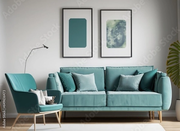 Obraz Teal sofa and armchair against white wall with three art posters. Scandinavian style . AI Generated.