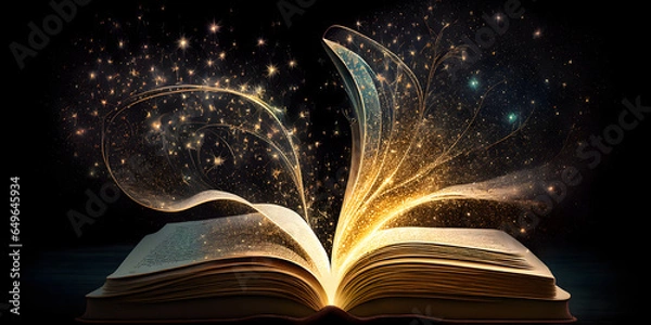 Fototapeta An open book with sparkles coming out of it ideal for fantasy and literature backgrounds. generative AI.