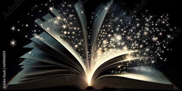 Fototapeta An open book with sparkles coming out of it ideal for fantasy and literature backgrounds. generative AI.