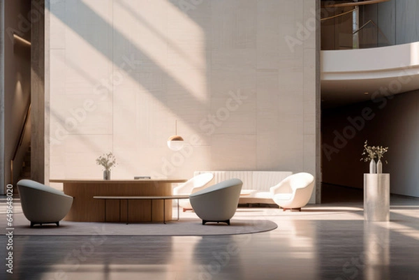 Fototapeta Contemporary Reception Area: Innovative Furniture and Interior Design and Architecture. Modern Lobby