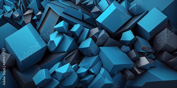 Fototapeta abstract blue geometrical polygonal 3d background with cubes, pyramids and rectangular shapes. Generative AI.