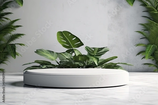 Obraz white round podium with a plant in it and a white vase with a green plant