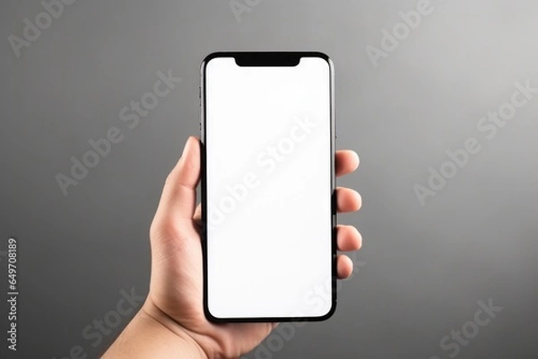 Fototapeta Hand holding black smartphone with blank white screen mockup, on grey background. Phone with modern frameless design for web site, app and advertisement.