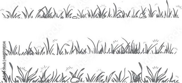 Fototapeta Grass doodle sketch style set. Hand drawn grass field doodle lines background. Sprout elements, grass line strokes. flowers, clover. Vector illustration.