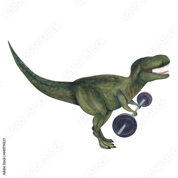 Fototapeta Tirannosaurus with a barbell. Dinosaur athlete. Watercolor illustration isolated on a white background. Hand drawn