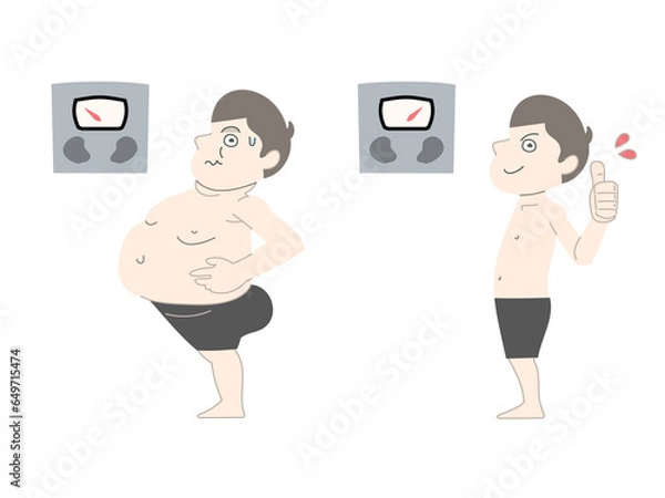 Obraz ダイエット　太る　痩せる　男性　体重計　セット素材