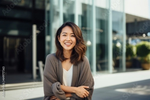 Obraz portrait of a confident Filipino woman in her 30s wearing a chic cardigan against a modern architectural background