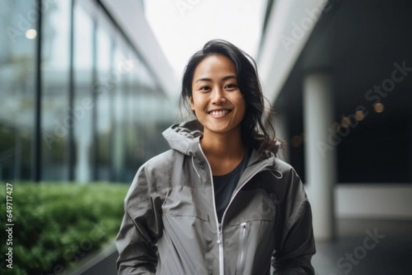 Obraz portrait of a confident Filipino woman in her 30s wearing a lightweight windbreaker against a modern architectural background