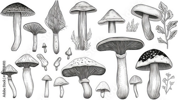Fototapeta Set of black mushrooms. Outline with white transparent background. Sketch illustration. Design for children colouring book