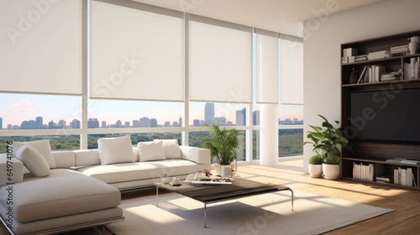 Fototapeta Interior roller blinds are used to cover the windows, and there are automatic solar shades in a bigger size for the windows. 