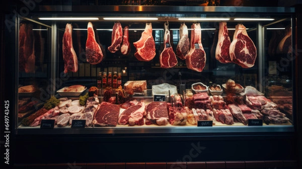 Fototapeta Meat display case in butcher shop, with various cuts of beef, pork, and poultry.