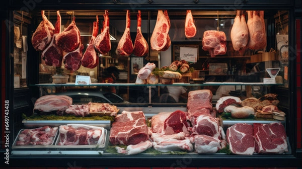 Fototapeta Meat display case in butcher shop, with various cuts of beef, pork, and poultry.