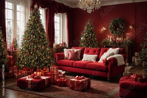 Fototapeta living room into a festive paradise with a stunning red sofa, a cozy armchair, and a Christmas tree adorned with an array of beautifully wrapped gift