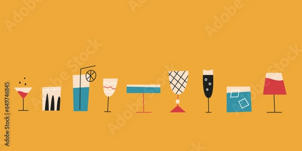 Fototapeta Flat style horizontal banner with colorful cocktail glasses and alcoholic drinks on  yellow background.