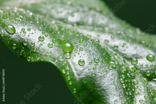 Fototapeta Water drops on green leaf. Coffee leaf with drops. Shallow depth of field
