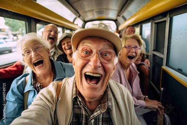Obraz Cheerful old people from retirement village taking a selfie in the bus on excursion
