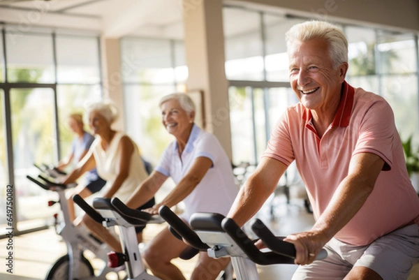 Obraz Exercising class in a retirement village, elderly people riding exercise bikes in a gym, living healthy lifestyle over sixty