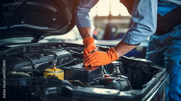 Fototapeta 
Técnico Mãos de mecânico de automóveis trabalhando em reparação de automóveis Serviço de bateria elétrica e Manutenção de bateria de carro