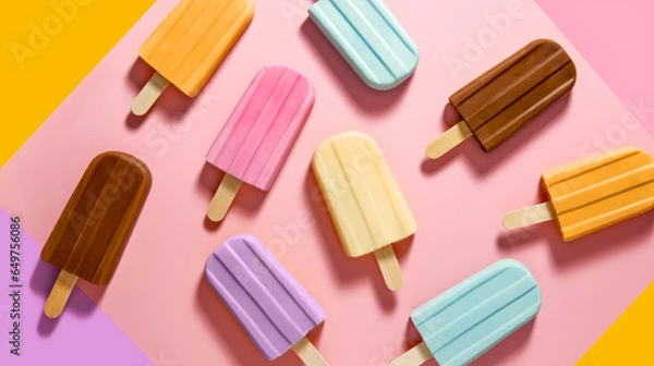 Fototapeta Pattern is made of colourful ice cream bars, ice
lolly, popsicle on pastel pink color
background. Trendy summer concept with
frozen ice pops. Still life. Flat lay, copy space.
Close up.