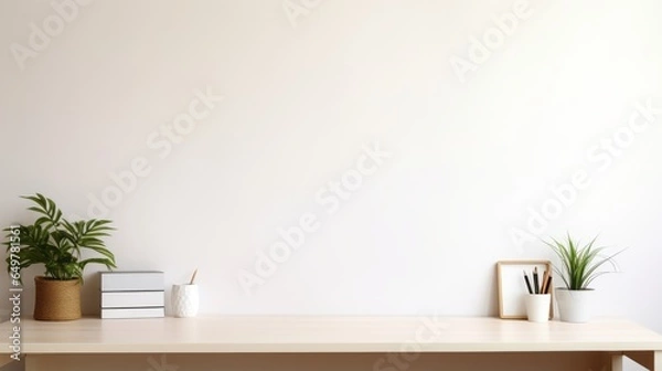 Fototapeta Workspace - office table, empty desk with supplies against the white wall, copy space for text or product showcase
