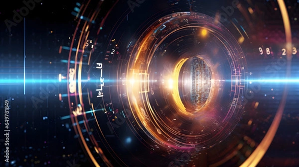 Fototapeta Electrical neon rings abstract background. Quantum computing, cloud computing.