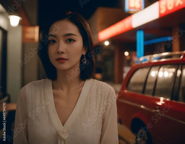 Fototapeta Asian woman in front of a diner at night raining. AI generative.