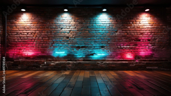 Fototapeta Brick wall texture pattern, blue, and purple background, an empty dark scene, laser beams, neon, spotlights reflection on the floor, and a studio room with smoke floating up for display products.