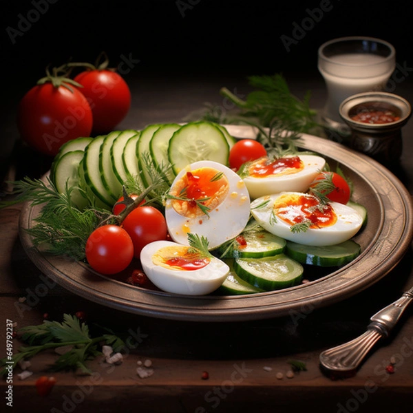 Obraz eggs cucumber tomatoes on, generative ai.