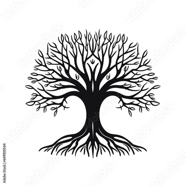 Fototapeta black tree silhouette vector illustration with roots isolated on white background.
